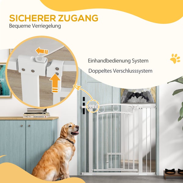 PawHut Türschutzgitter Hund, 76-104 cm Absperrgitter ohne Bohren, Treppengitter aus Stahl, Treppenschutzgitter mit Katzentür, Schutzgitter, Sicherheitsgitter für Treppen, Tür, Flur, Weiß