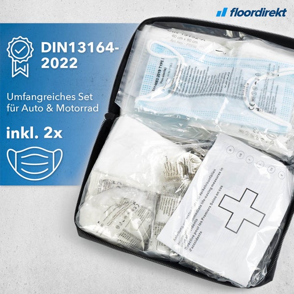 Erste Hilfe Set für Auto und Motorrad mit Masken gemäß DIN 13164-2022