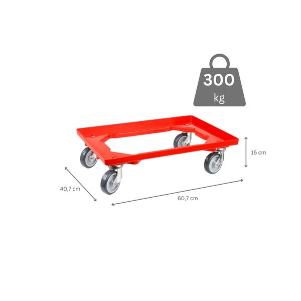PROREGAL Transportroller für Euroboxen 60 x 40 cm mit Gummiräder Rot Offenes Deck 4 Lenkrollen Traglast 300 kg