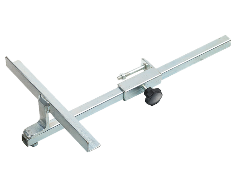Verstellbarer Seitenanschlag aus verzinktem Stahl mit schwarzem Sterngriff und Justierschraube.