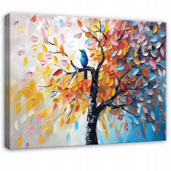 Wandbild auf Leinwand mit abstraktem Baum und Vogel in Spachteltechnik.