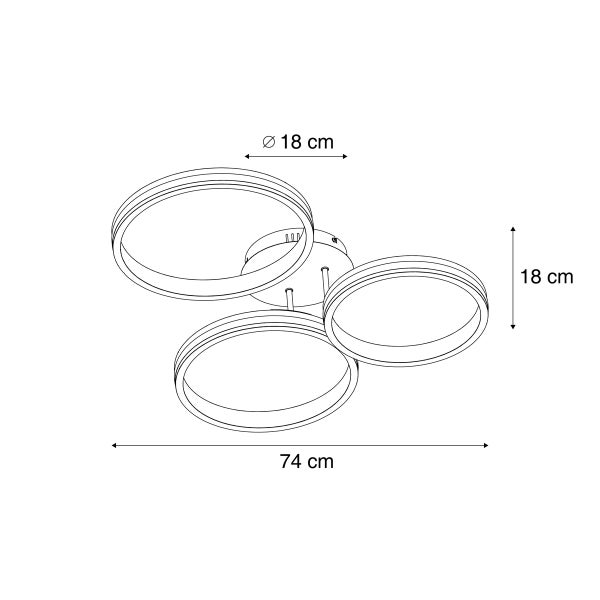 Technische Zeichnung einer Deckenleuchte mit drei Ringen und Maßangaben