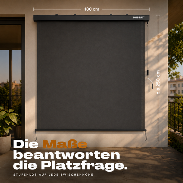 ONBEST Senkrechtmarkise für Balkon oder Terrasse, 180 Zentimeter breit und bis zu 250 Zentimeter hoch, stufenlos höhenverstellbar mit Handkurbel.