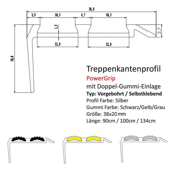 FLOORDIREKT Treppenkantenprofil - Power Grip - Doppel-Gummieinlage - Vorgebohrt - 100 cm - Grau