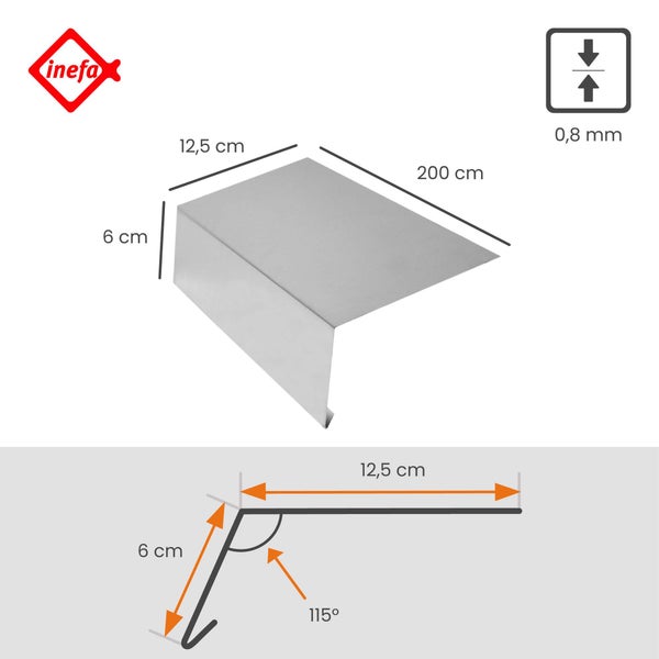 Inefa Dachrandprofil aus Metall, Maße 12,5 mal 6 mal 200 Zentimeter, Materialstärke 0,8 Millimeter, Winkel 115 Grad, Inefa Logo.