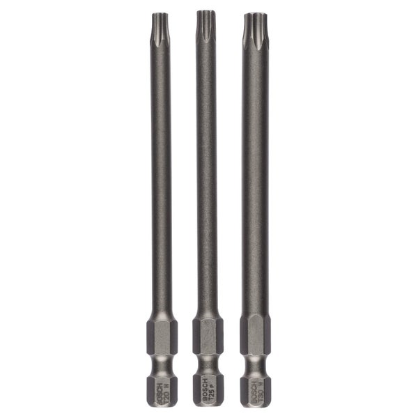 Bosch Logo. Set mit drei Torx-Bits, Größen T20, T25 und T30, Länge 89 mm, 1/4-Zoll-Schaft.