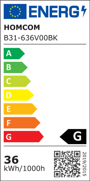 EU Energieeffizienzlabel für Homcom B31-636V00BK mit Effizienzklasse G und einem Verbrauch von 36 Kilowattstunden pro 1000 Stunden