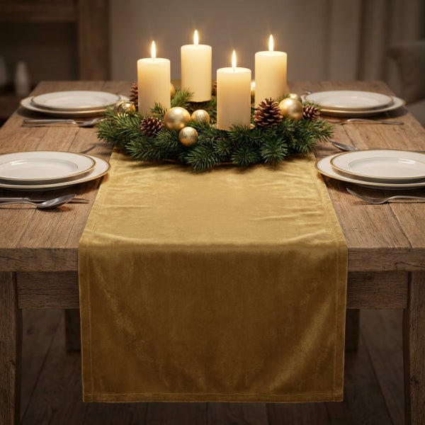 Festlich gedeckter Holztisch mit Adventkranz, vier brennenden Stumpenkerzen, goldfarbenen Weihnachtskugeln und einem samtenen Tischläufer.
