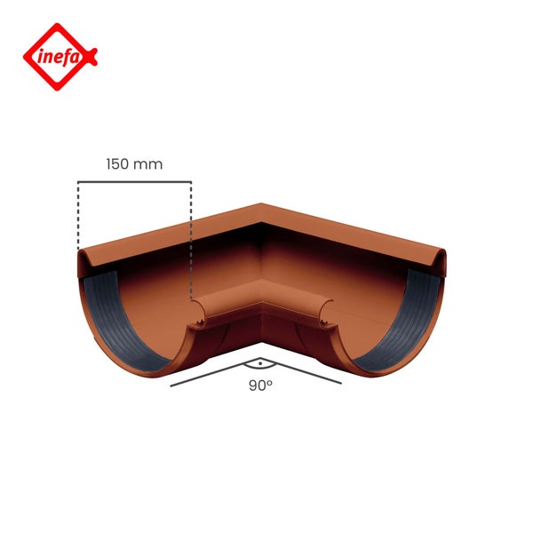 Inefa Dachrinnen-Außenecke aus Kunststoff, 90 Grad, 150 Millimeter. Inefa Logo.