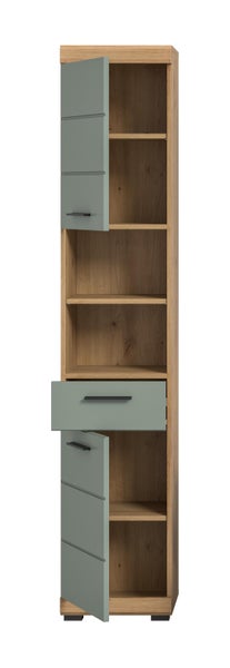 Hoher Badezimmerschrank mit Holzoptik Korpus und Fronten mit Türen sowie einer Schublade