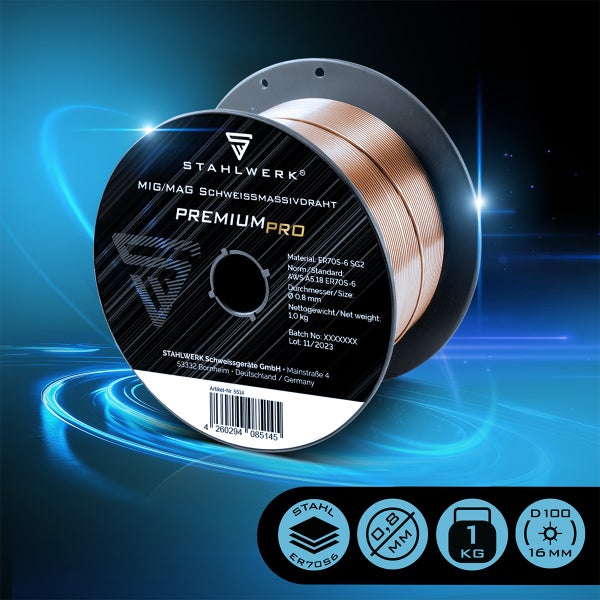Stahlwerk Schweißdraht Premium Pro, ER70S-6, Durchmesser 0,8 Millimeter, 1 Kilogramm, Spule D100 mit 16 Millimeter Bohrung. Stahlwerk Logo.