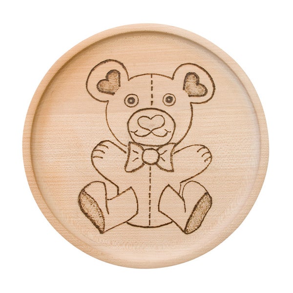 Runder Holzteller aus Buchenholz mit einer Brandmalerei in Form eines Teddybären.