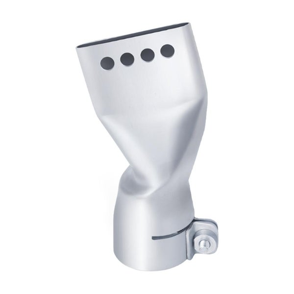 Silberne Breitstrahldüse für Heißluftgebläse aus Metall mit Klemmvorrichtung und vier Löchern.