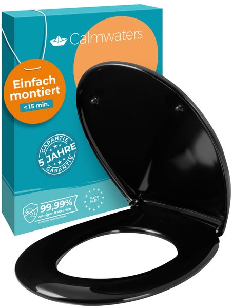 Calmwaters® WC Sitz einfache Montage, Premium Toilettendeckel bis 250 kg, Made in EU, antibakterieller Duroplast, doppelte Absenkautomatik, 2 Montage Optionen, abnehmbar, Klobrille, oval, Schwarz