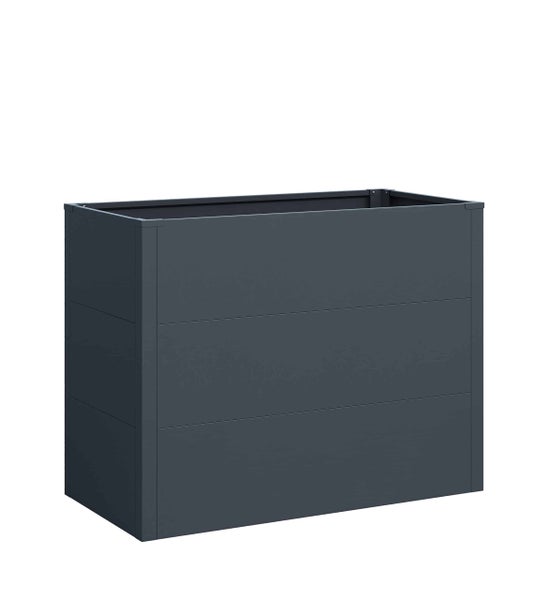 Rechteckiges Hochbeet aus Metall in Dunkelgrau.
