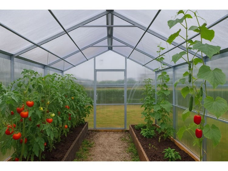 Innenansicht eines Gewächshauses mit Tomaten- und Gurkenpflanzen in Pflanzkästen.