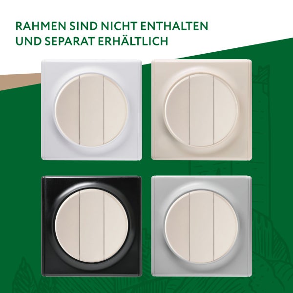 Vier quadratische Lichtschaltereinsätze ohne Rahmen, verschiedene Ausführungen.