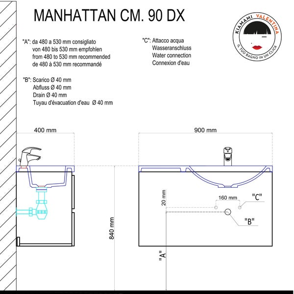 Badezimmermöbel-Set bestehend aus Unterschrank, Waschbecken rechts, Spiegel mit Hängeschrank und Lampe | Manhattan