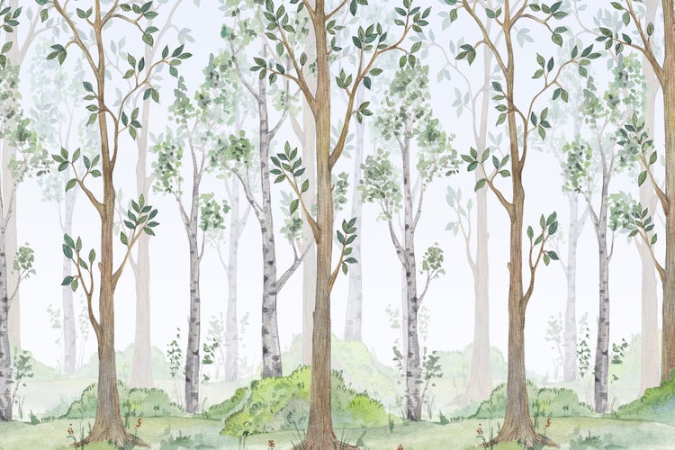 Wandtapete mit illustriertem Waldmotiv in Aquarelloptik mit Birken und Sträuchern für eine natürliche Raumgestaltung.