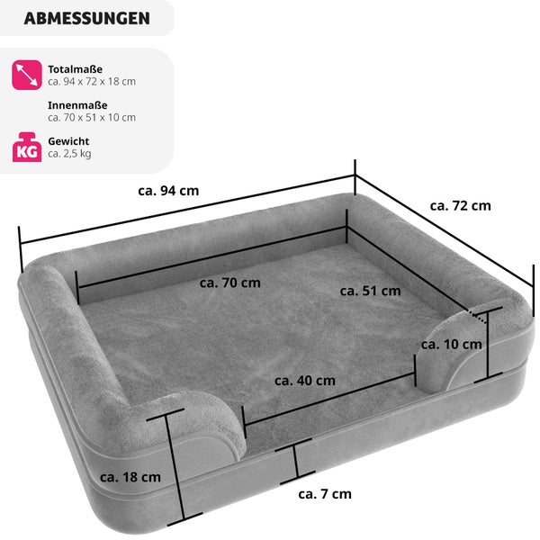 Abbildung mit Maßangaben eines grauen Hundebetts