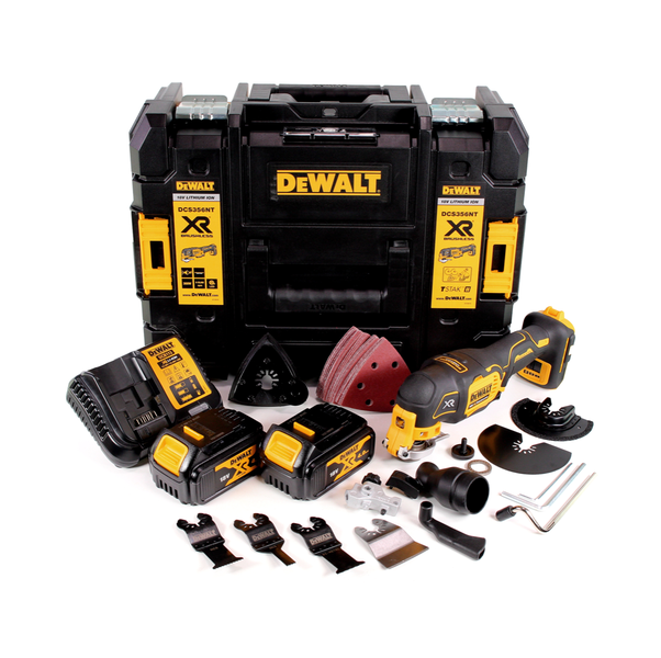 DeWalt Akku-Multi-Tool-Set mit oszillierendem Werkzeug, zwei Akkus, Ladegerät, Schleifpapier, verschiedenen Sägeblättern und robustem Koffer.
