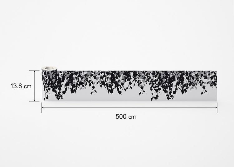 Tapetenbordüre mit botanischem Blattmuster, Abmessungen 13,8 Zentimeter mal 500 Zentimeter.