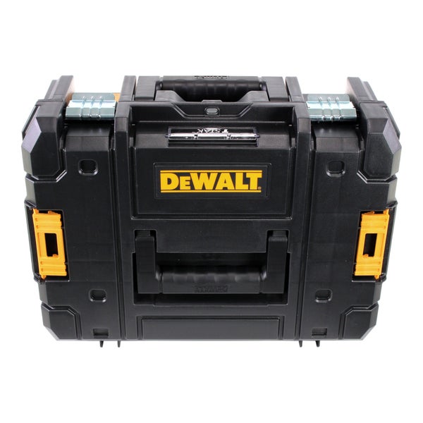 DeWalt TSTAK Werkzeugbox aus Kunststoff mit Metallschließen und Tragegriff.