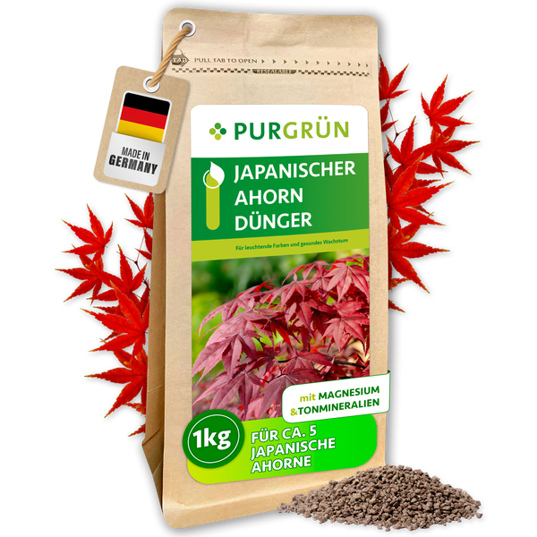 Eine Packung Purgrün japanischer Ahorndünger mit einem Kilogramm Inhalt für fünf japanische Ahorne, hergestellt in Deutschland.