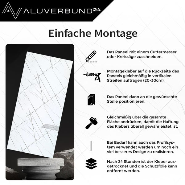 Montageanleitung für eine weiße Dekorplatte mit Marmormuster