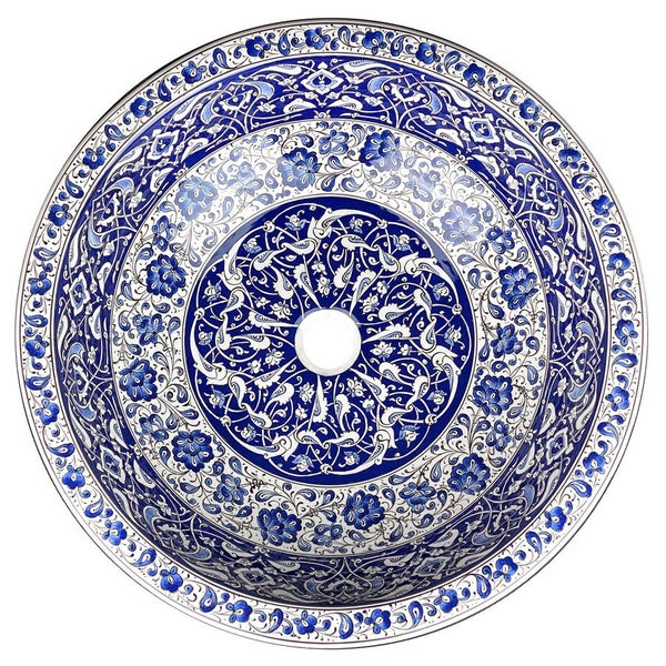 Rundes Waschbecken mit blauem und weißem Blumenmuster