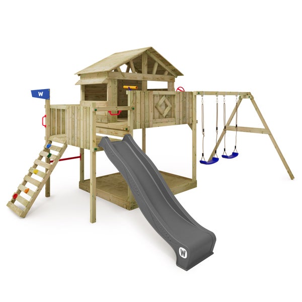 WICKEY Spielturm Klettergerüst Smart Peak mit Schaukel und Rutsche, Stelzenhaus mit Sandkasten, Kletterleiter und Spiel-Zubehör – anthrazit