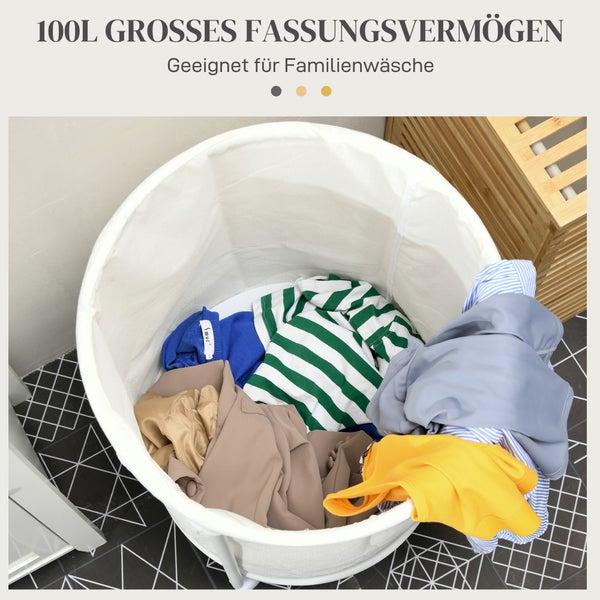 HOMCOM Wäschekorb 100L Wäschesammler mit Rollen, Stahlrahmen, Wäschebox mit herausnehmbarem Wäschesack für Badezimmer, Creme