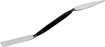 Doppelspachtel mit zwei unterschiedlichen Klingen aus Metall und einem schwarzen Griff