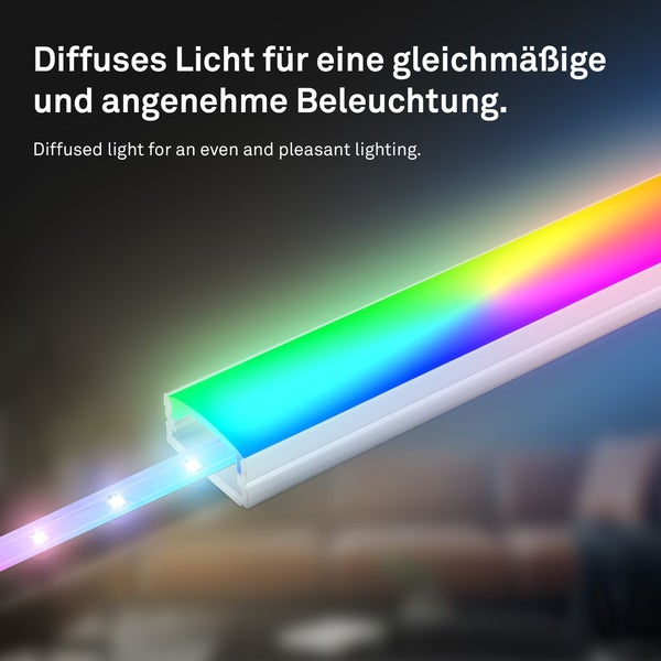 LED Profil mit diffuser Abdeckung für gleichmäßige Beleuchtung durch einen LED Streifen.