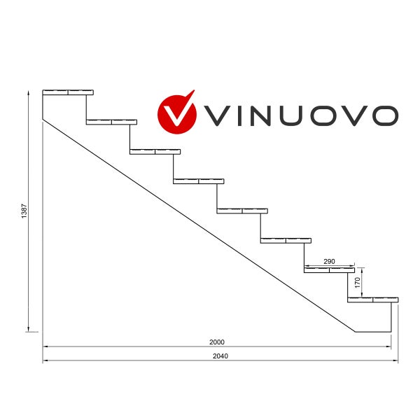 Technische Zeichnung einer Treppe mit Maßangaben und dem Vinuovo Logo