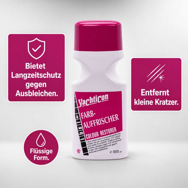 Yachticon Farb-Auffrischer Kunststoffreiniger 500 Milliliter Flasche zur Auffrischung verblichener Kunststoffoberflächen.