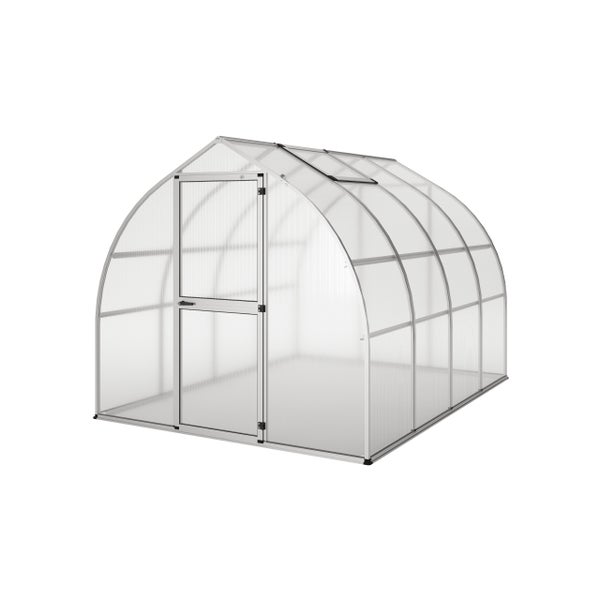 Gewächshaus mit Aluminiumrahmen, Hohlkammerplatten aus Polycarbonat, Rundbogendach, einer Tür und einem Dachfenster.