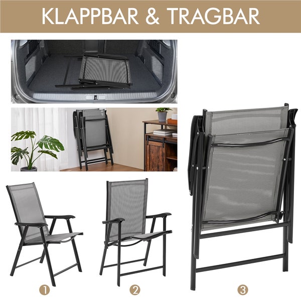 Klappbarer Gartenstuhl in verschiedenen Positionen: zusammengeklappt im Kofferraum, an eine Wand gelehnt und in Sitzposition.
