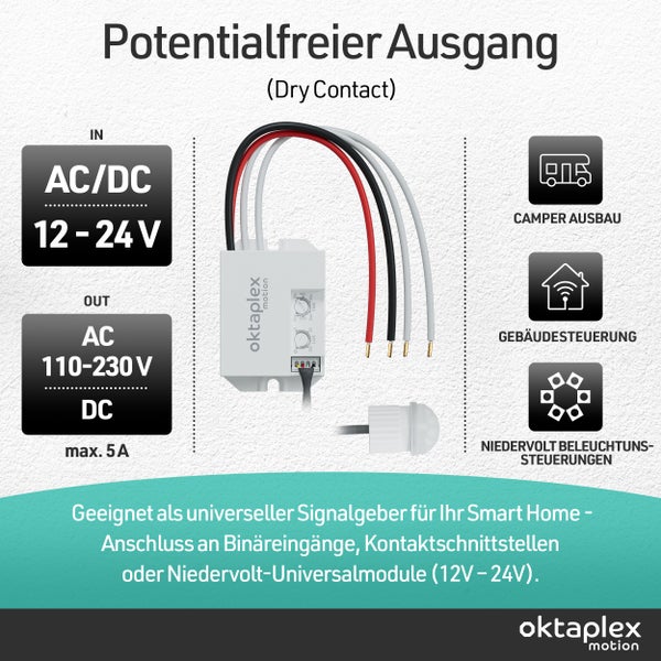 Oktaplex Motion Bewegungsmelder mit potenzialfreiem Ausgang für Smart Home, Camper Ausbau und Gebäudesteuerung inklusive technischer Daten.