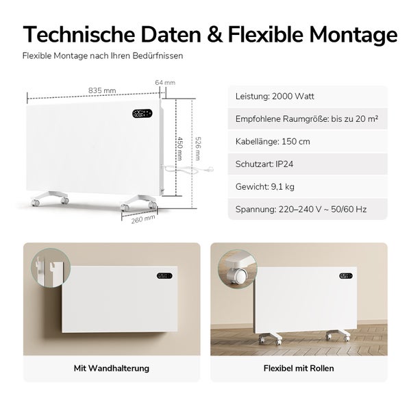 Elektrischer Konvektor mit Rollen und digitalem Display, steuerbar per Smartphone App und Sprachassistent.