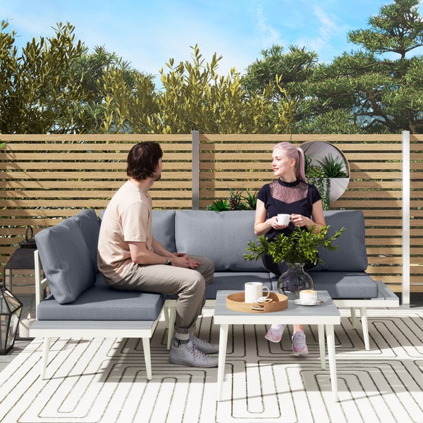 Outsunny Gartenmöbel Set 4 Personen wetterfest Balkonmöbel-Set mit 2er Sofa, Kissen Beistelltisch Stahl Outdoor Sitzgruppe Terrassenmöbel Gartengarnitur Gartenlounge für Garten Terrasse Grau