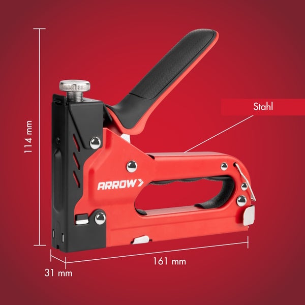Arrow Handtacker aus Stahl, Länge 161 Millimeter, Breite 31 Millimeter, Höhe 114 Millimeter.