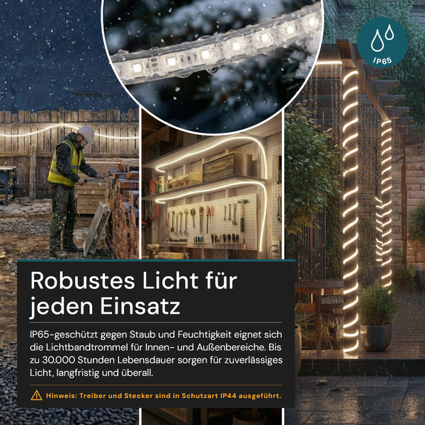 Robustes LED-Lichtband für Baustelle, Werkstatt und Garten. Symbol für Schutzart IP65 gegen Staub und Wasserstrahlen.