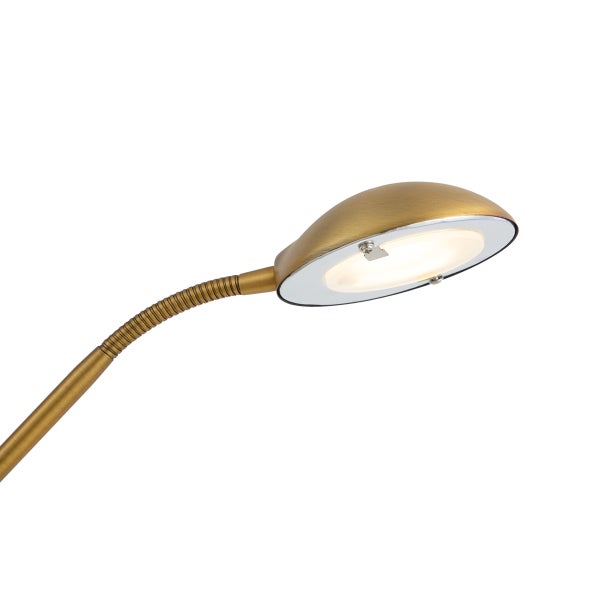 Moderner Lampenkopf aus messingfarbenem Metall mit flexiblem Hals und integriertem LED-Leuchtmittel.