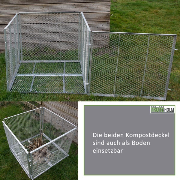 Drahtkomposter mit herausnehmbarem Seitenteil und TrutzHolm Logo