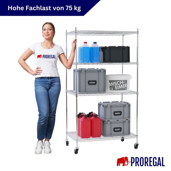 Mobiles Drahtgitterregal mit vier Etagen, einer Fachlast von 75 Kilogramm pro Boden und Proregal Logo.