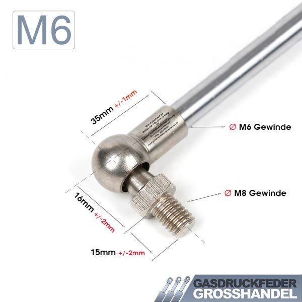 Gasdruckfeder Winkelgelenk aus Metall mit M6 und M8 Gewinde sowie Maßangaben in Millimeter. Gasdruckfeder Grosshandel Logo.