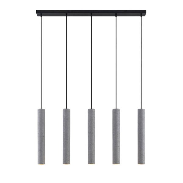 5-flammige Pendelleuchte mit zylindrischen Schirmen aus Beton und schwarzer Deckenleiste.
