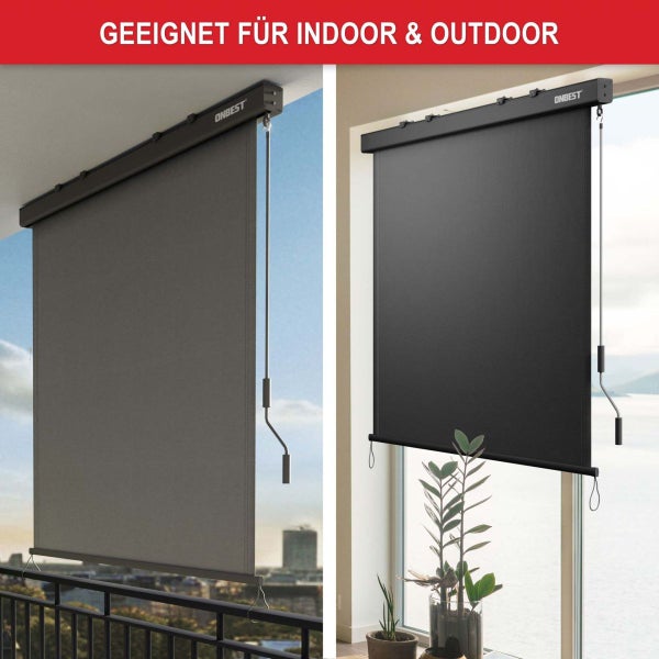 ONBEST Vertikalmarkise für den Innenbereich und Außenbereich, Montagebeispiel auf einem Balkon und vor einem Fenster, mit Handkurbel.