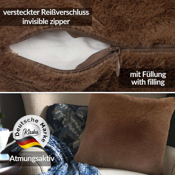 Braunes Dekokissen aus Kunstfell mit verdecktem Reißverschluss und Füllung. Atmungsaktiv, Kisska Logo, deutsche Marke.